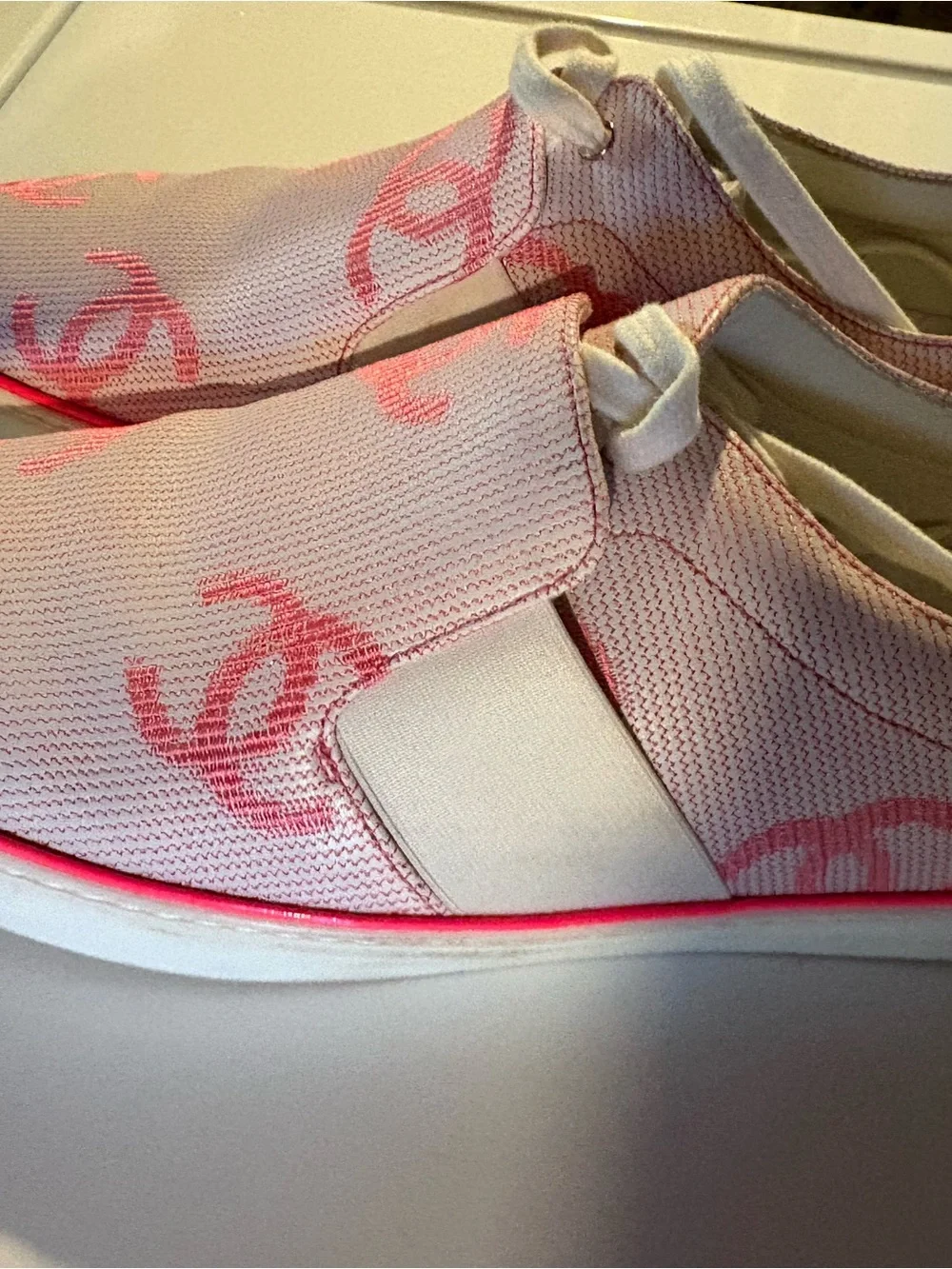 CHANEL Pink Logo Knit Slip-On Sneakers